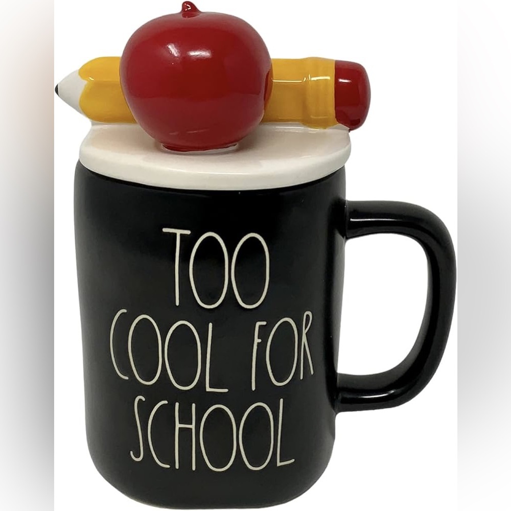 Rae Dunn ‘Too Cool For School’ Coffee Mug with Apple & Pencil Mug Topper